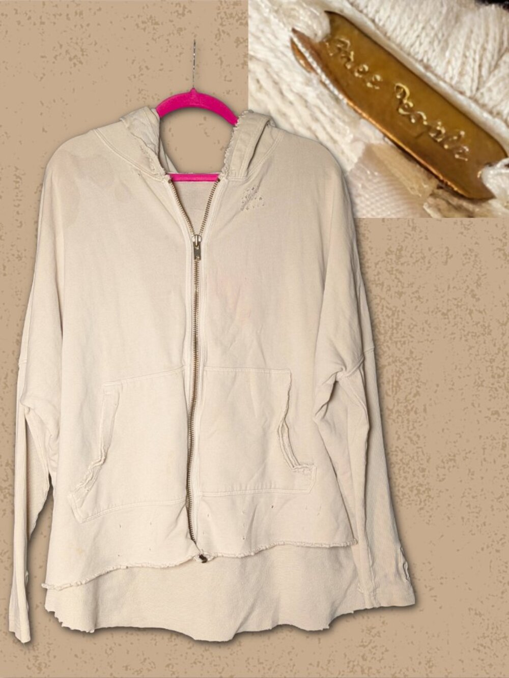 Free People size XS Distressed Oversized Zip-Up Hoodie Oatmeal/Tan/Cream